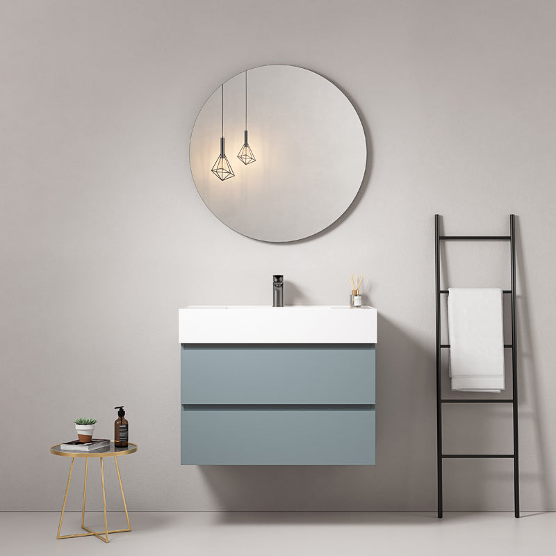 Mobile bagno sospeso 80 cm Blu Avio Lavabo in Resina Specchio Tondo - Fiji Paint