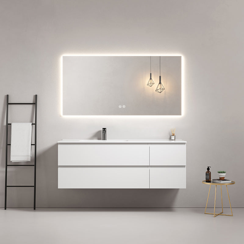 Mobile bagno sospeso 140 cm Bianco Lavabo a Sinistra in Resina Specchio Quadro Retroilluminato - Fiji Paint