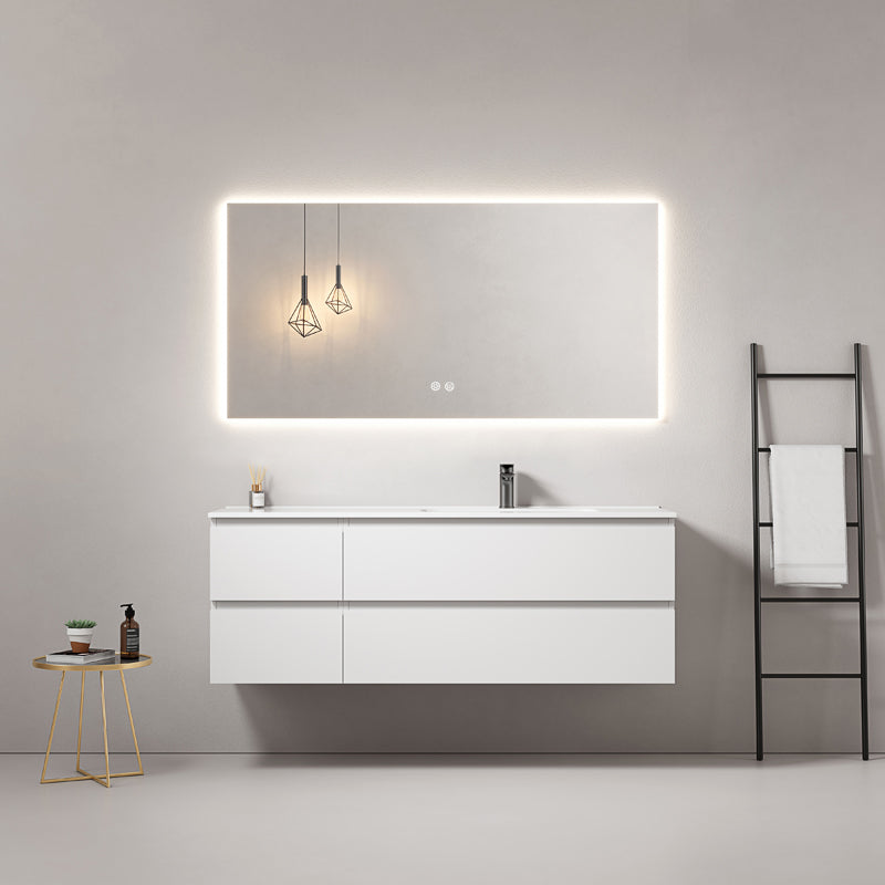 Mobile bagno sospeso 140 cm Bianco Lavabo a Destra in Resina Specchio Quadro Retroilluminato - Fiji Paint