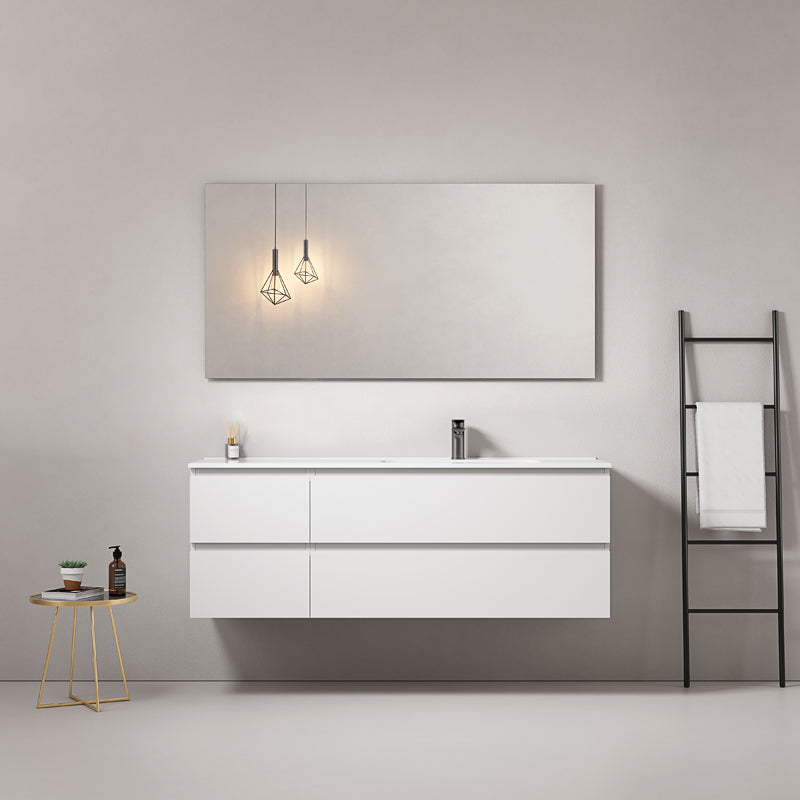 Mobile bagno sospeso 140 cm Bianco Lavabo a Destra in Resina Specchio Quadro - Fiji Paint