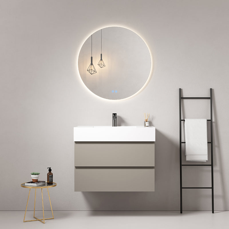 Mobile bagno sospeso 80 cm Grigio Cenere Lavabo in Resina Specchio Tondo Retroilluminato - Fiji Paint