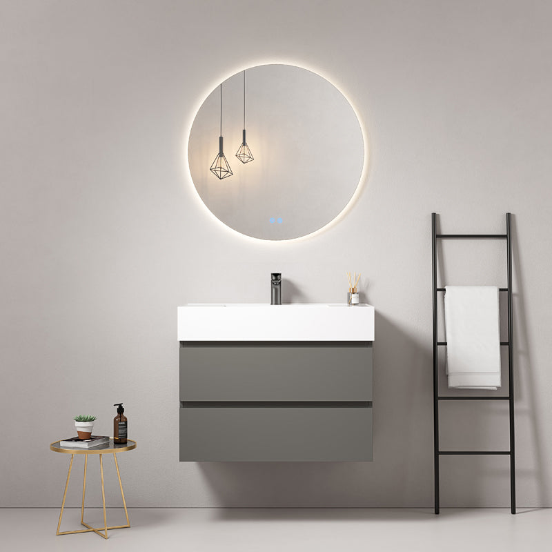 Mobile bagno sospeso 80 cm Grigio Londra Lavabo in Resina Specchio Tondo Retroilluminato - Fiji Paint