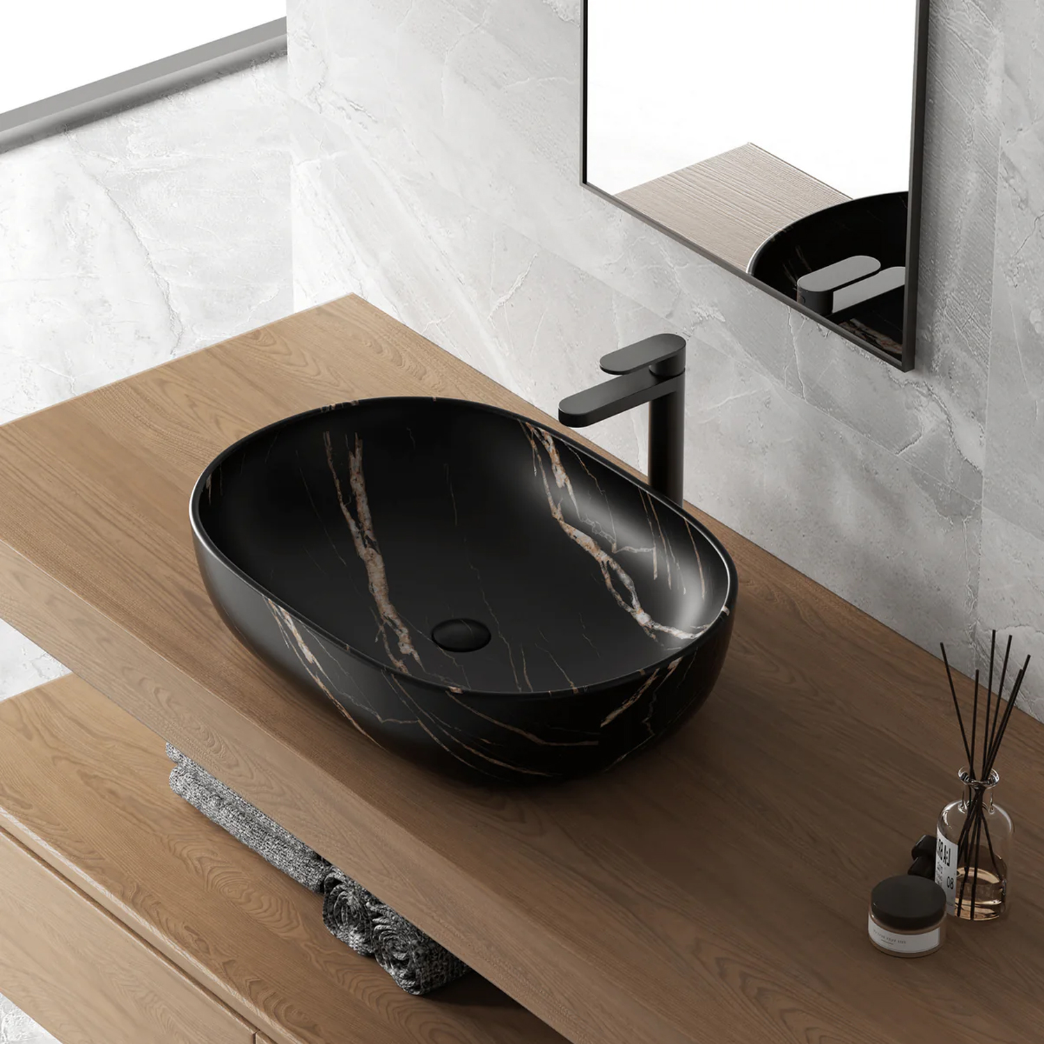 606181 - Lavabo da appoggio Bathcore in ceramica 60 cm – Marmorizzato nero