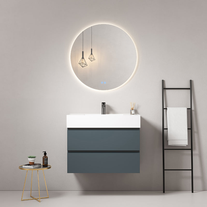 Mobile bagno sospeso 80 cm Blu Mare Lavabo in Resina Specchio Tondo Retroilluminato - Fiji Paint