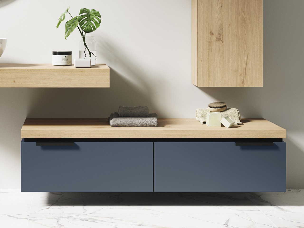 Cassettiera Touch 140 cm 2 Cassetti Azzurro Opaco e Top 4,5 cm Rovere Nodi-9016639