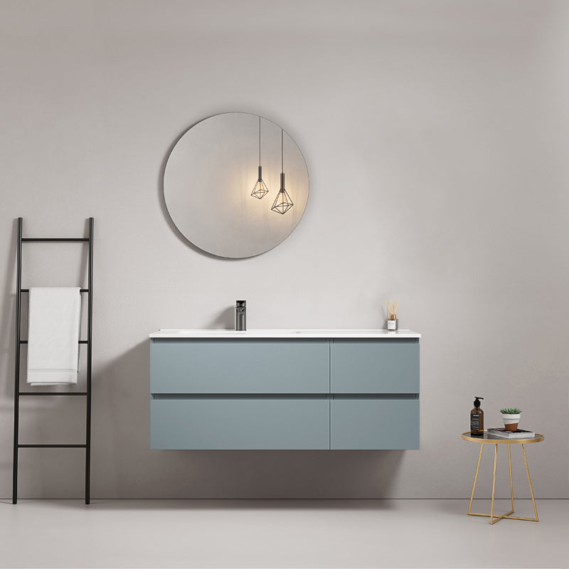 Mobile bagno sospeso 120 cm Blu Avio Lavabo a Sinistra in Ceramica Specchio Tondo - Fiji Paint