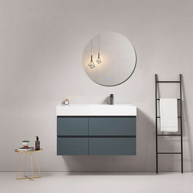 Mobile bagno sospeso 100 cm Blu Mare Lavabo a Destra in Resina Specchio Tondo - Fiji Paint