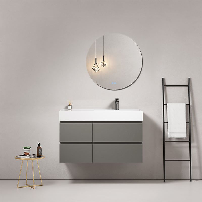 Mobile bagno sospeso 100 cm Grigio Londra Lavabo a Destra in Resina Specchio Tondo - Fiji Paint