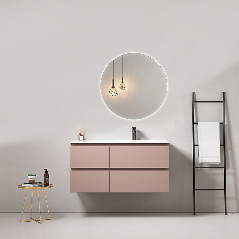 Mobile bagno sospeso 100 cm Rosa Retro Lavabo a Destra in Ceramica Specchio Tondo Retroilluminato - Fiji Paint