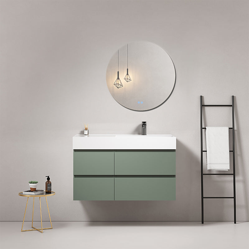 Mobile bagno sospeso 100 cm Verde Salvia Lavabo a Destra in Resina Specchio Tondo - Fiji Paint