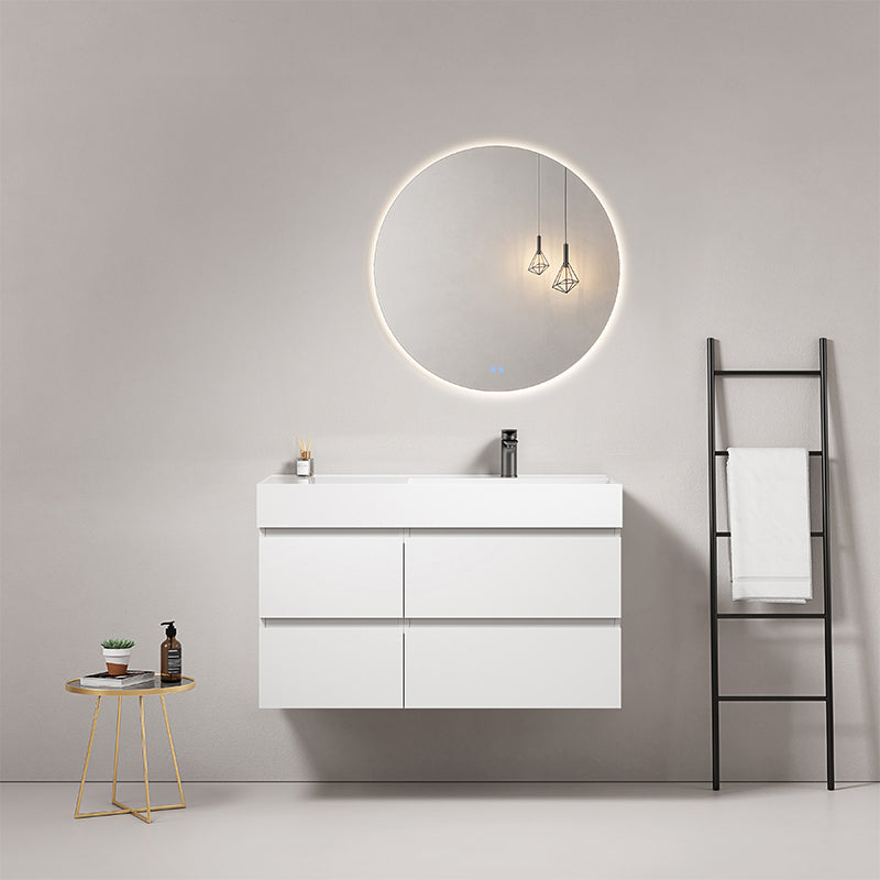 Mobile bagno sospeso 100 cm Bianco Lavabo a Destra in Resina Specchio Tondo Retroilluminato - Fiji Paint