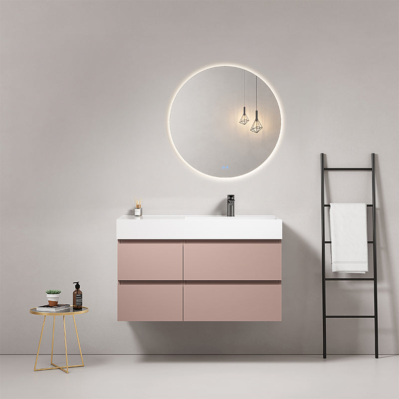 Mobile bagno sospeso 100 cm Rosa Retro Lavabo a Destra in Resina Specchio Tondo Retroilluminato - Fiji Paint