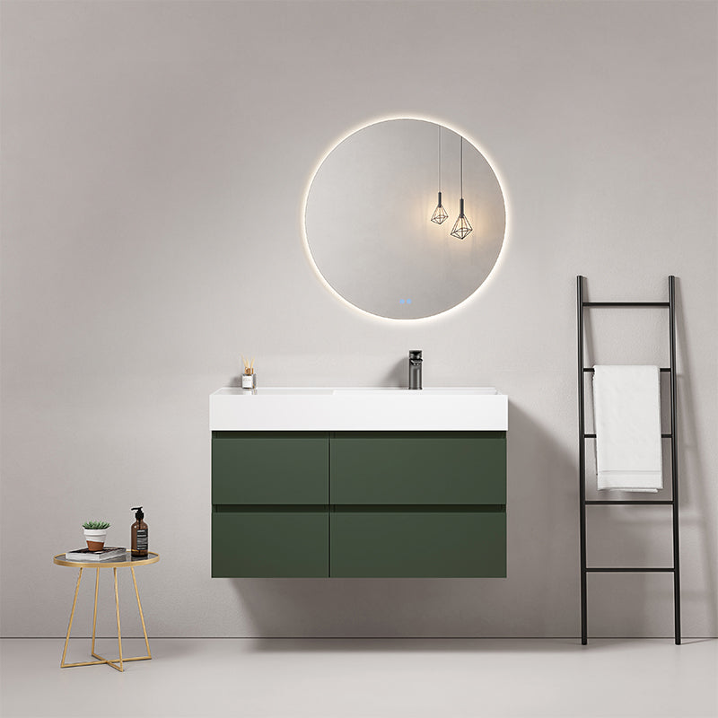 Mobile bagno sospeso 100 cm Verde Comodoro Lavabo a Destra in Resina Specchio Tondo Retroilluminato - Fiji Paint
