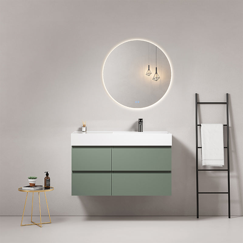 Mobile bagno sospeso 100 cm Verde Salvia Lavabo a Destra in Resina Specchio Tondo Retroilluminato - Fiji Paint