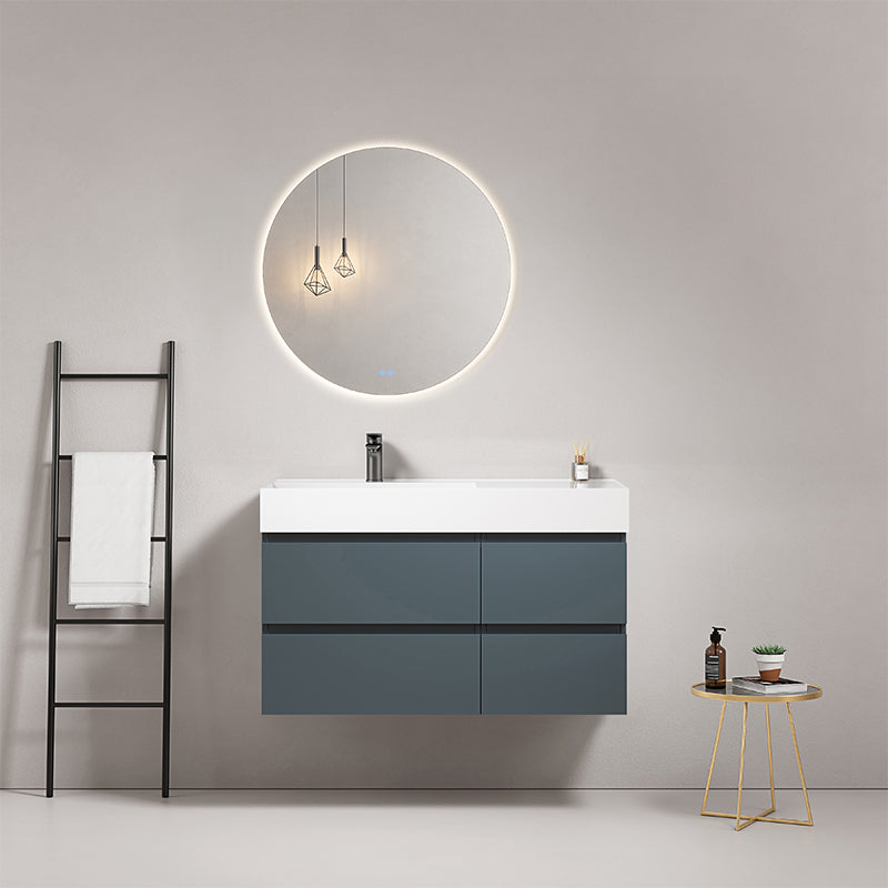 Mobile bagno sospeso 100 cm Blu Mare Lavabo a Sinistra in Resina Specchio Tondo Retroilluminato - Fiji Paint