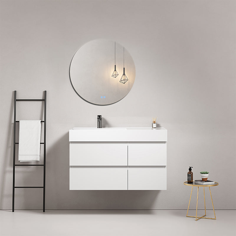 Mobile bagno sospeso 100 cm Bianco Lavabo a Sinistra in Resina Specchio Tondo - Fiji Paint