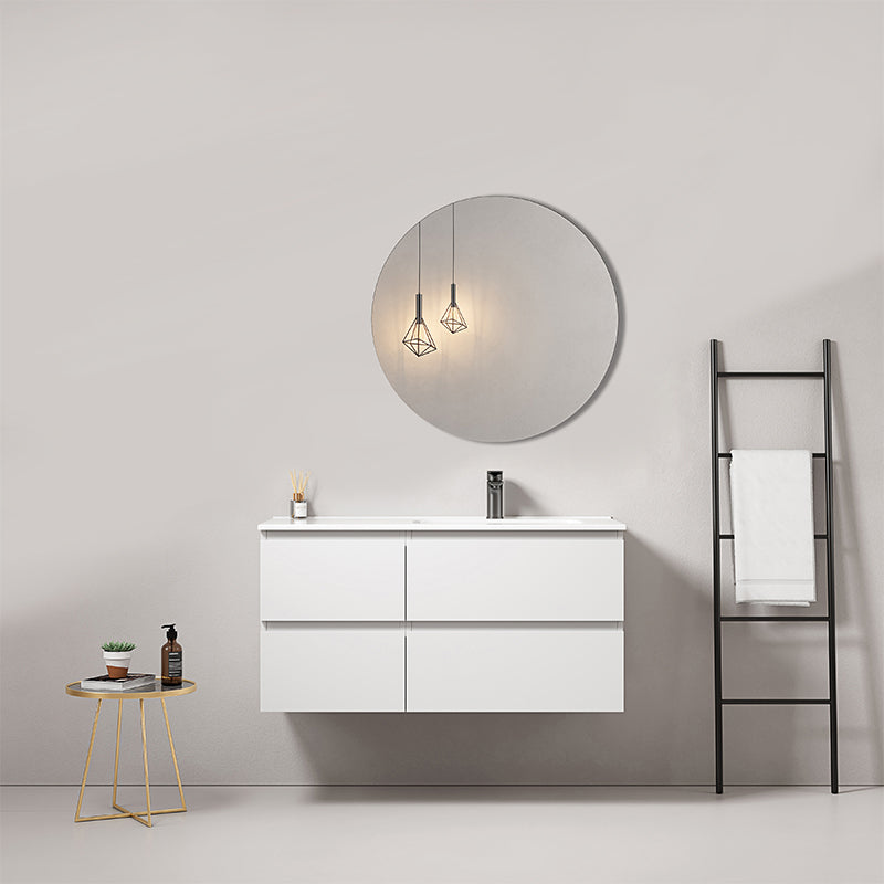 Mobile bagno sospeso 100 cm Bianco Lavabo a Destra in Ceramica Specchio Tondo - Fiji Paint