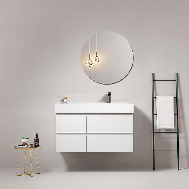 Mobile bagno sospeso 100 cm Bianco Lavabo a Destra in Resina Specchio Tondo - Fiji Paint