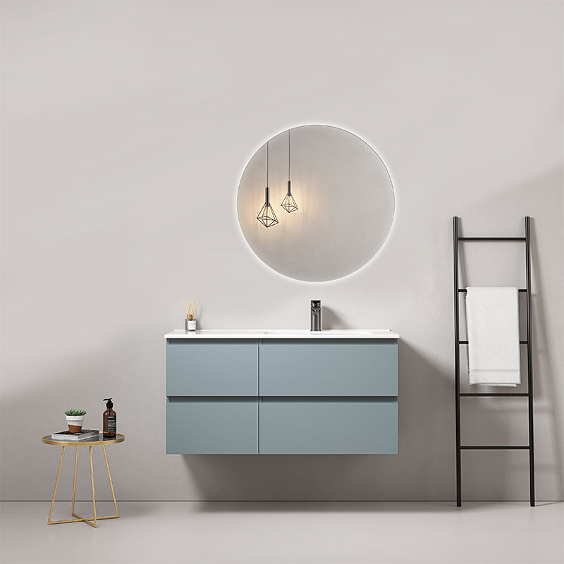 Mobile bagno sospeso 100 cm Blu Avio Lavabo a Destra in Ceramica Specchio Tondo Retroilluminato - Fiji Paint