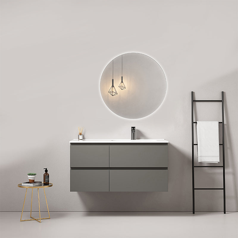 Mobile bagno sospeso 100 cm Grigio Londra Lavabo a Destra in Ceramica Specchio Tondo Retroilluminato - Fiji Paint