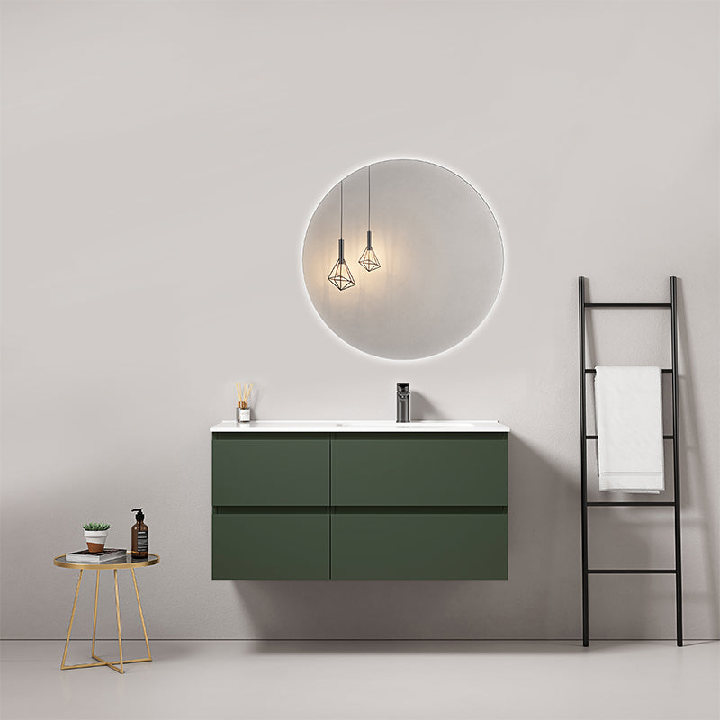 Mobile bagno sospeso 100 cm Verde Comodoro Lavabo a Destra in Ceramica Specchio Tondo Retroilluminato - Fiji Paint