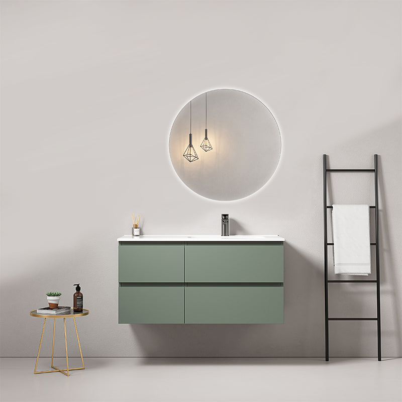 Mobile bagno sospeso 100 cm Verde Salvia Lavabo a Destra in Ceramica Specchio Tondo Retroilluminato - Fiji Paint