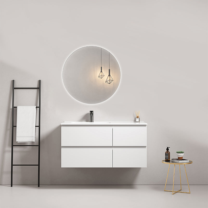 Mobile bagno sospeso 100 cm Bianco Lavabo a Sinistra in Ceramica Specchio Tondo Retroilluminato - Fiji Paint