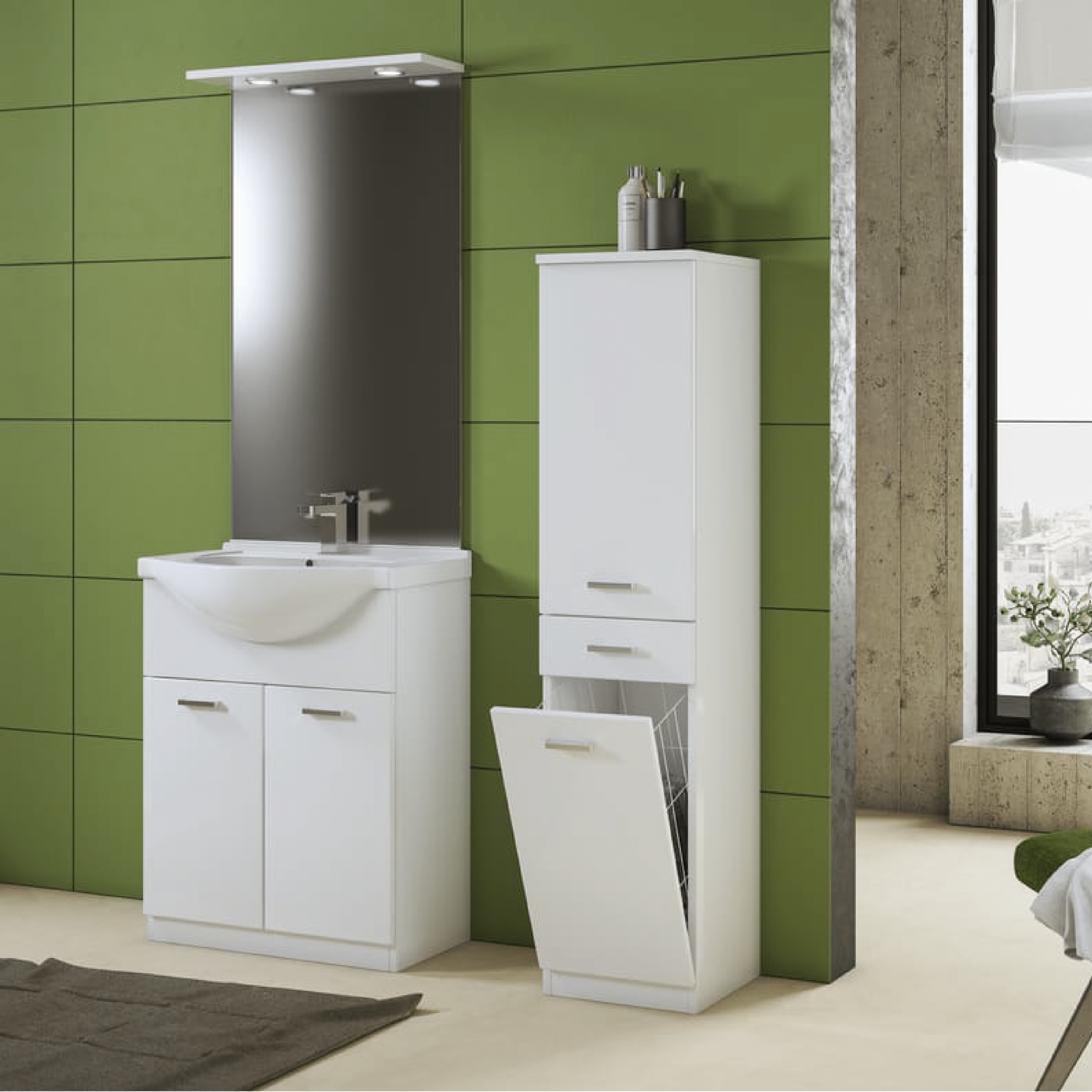 Mobile Bagno a Terra 65 Cm Due Ante Specchio Con Fari Led 62x104 Cm Savini "Classica" Bianco Lucido