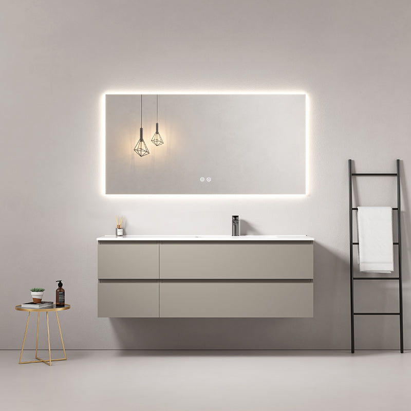 Mobile bagno sospeso 140 cm Grigio Cenere Lavabo a Destra in Resina Specchio Quadro Retroilluminato - Fiji Paint