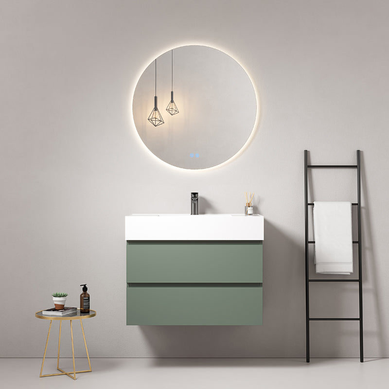 Mobile bagno sospeso 80 cm Verde Salvia Lavabo in Resina Specchio Tondo Retroilluminato - Fiji Paint