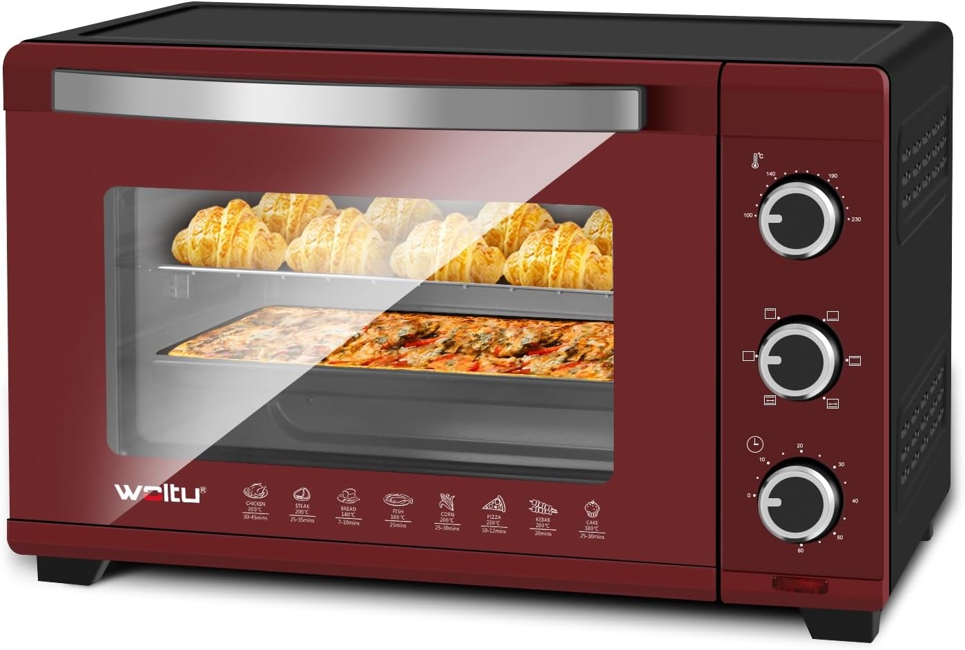 WOLTUForno a convezione, Forno per Pizza 32 L, Timer 0-60 Min., 5 Modalità di Riscaldamento, Doppia Porta in Vetro