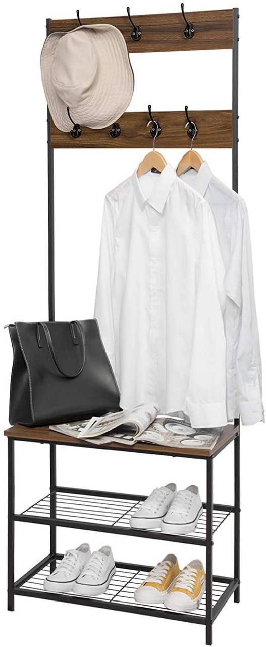 WOLTUAppendiabiti, scarpiera con seduta, con 7 ganci, in legno e acciaio