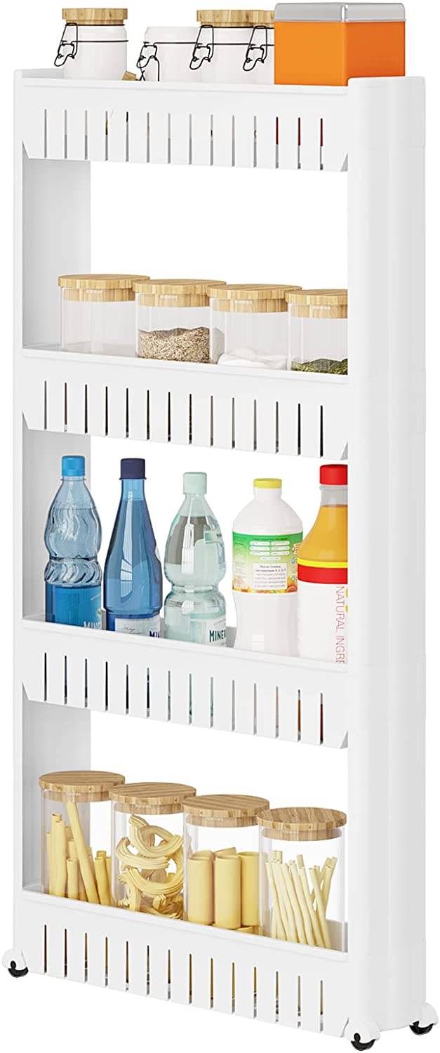 WOLTUCarrello da Cucina a 4 Livelli, Scaffale da Bagno Stretto, Su Rotelle, 13 X 102 X 54 cm, Bianco