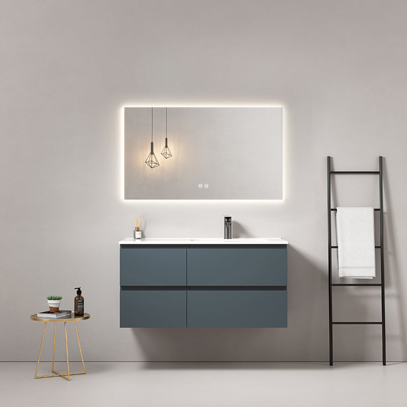 Mobile bagno sospeso 100 cm Blu Mare Lavabo a Destra in Ceramica Specchio Quadro Retroilluminato - Fiji Paint