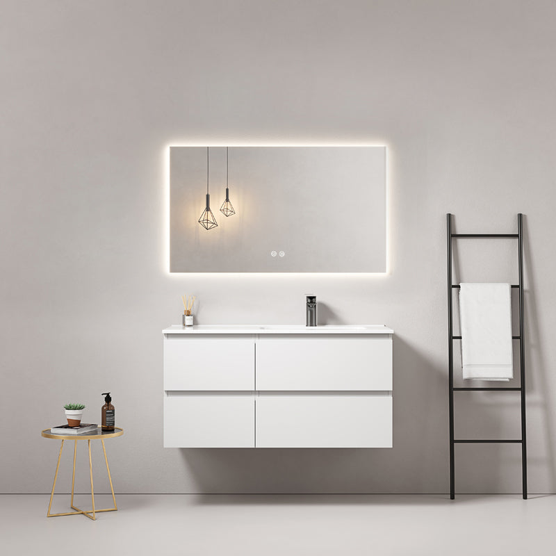 Mobile bagno sospeso 100 cm Bianco Lavabo a Destra in Ceramica Specchio Quadro Retroilluminato - Fiji Paint
