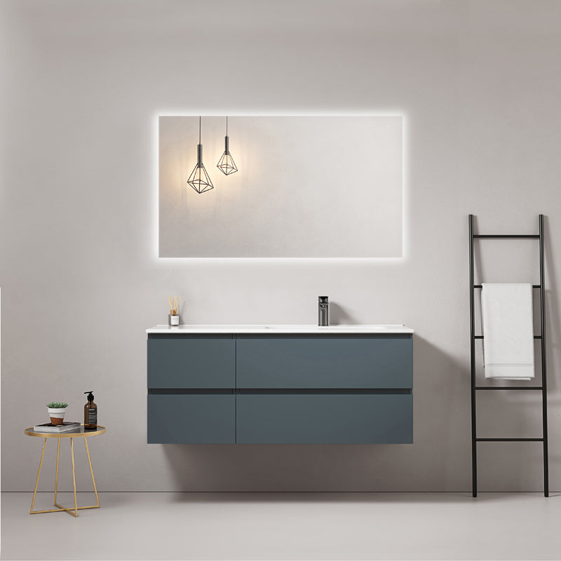 Mobile bagno sospeso 120 cm Blu Mare Lavabo a Destra in Ceramica Specchio Quadro Retroilluminato - Fiji Paint