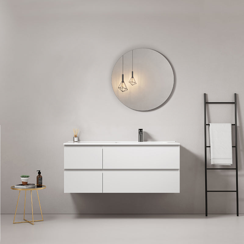 Mobile bagno sospeso 120 cm Bianco Lavabo a Destra in Ceramica Specchio Tondo - Fiji Paint