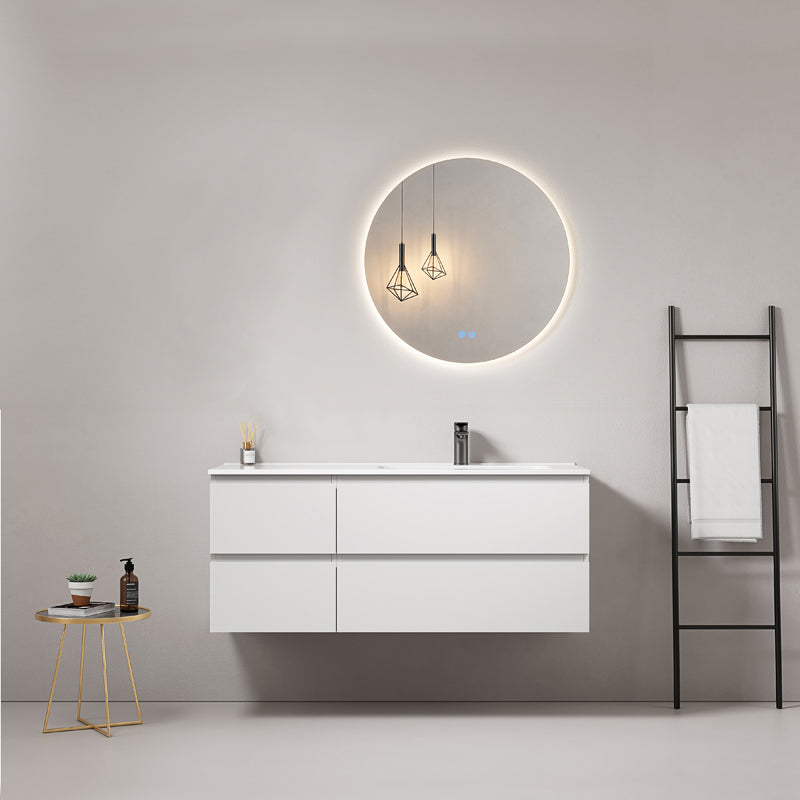 Mobile bagno sospeso 120 cm Bianco Lavabo a Destra in Ceramica Specchio Tondo Retroilluminato - Fiji Paint