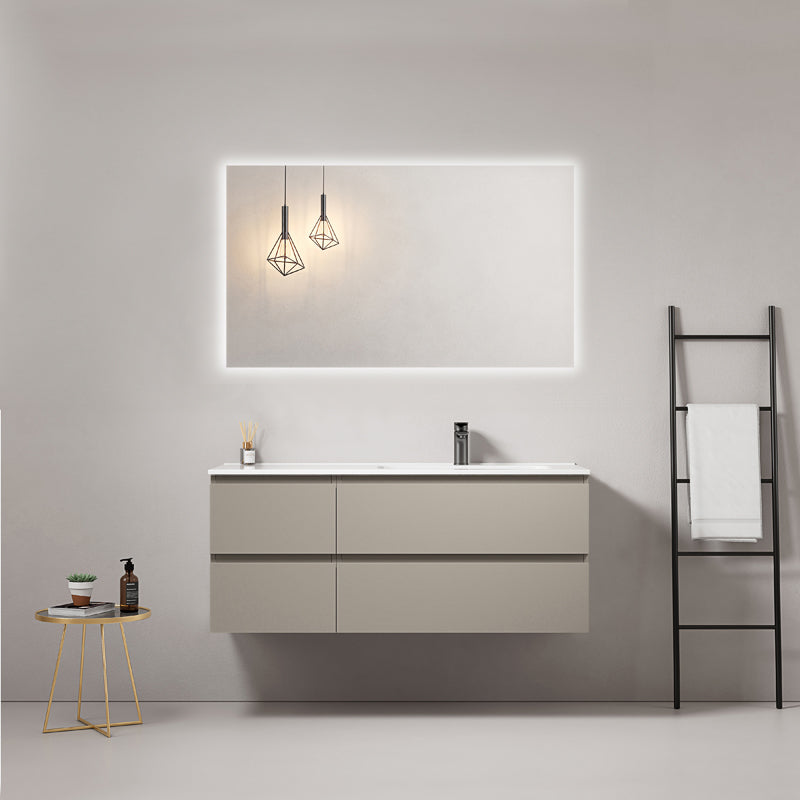 Mobile bagno sospeso 120 cm Grigio Cenere Lavabo a Destra in Ceramica Specchio Quadro Retroilluminato - Fiji Paint