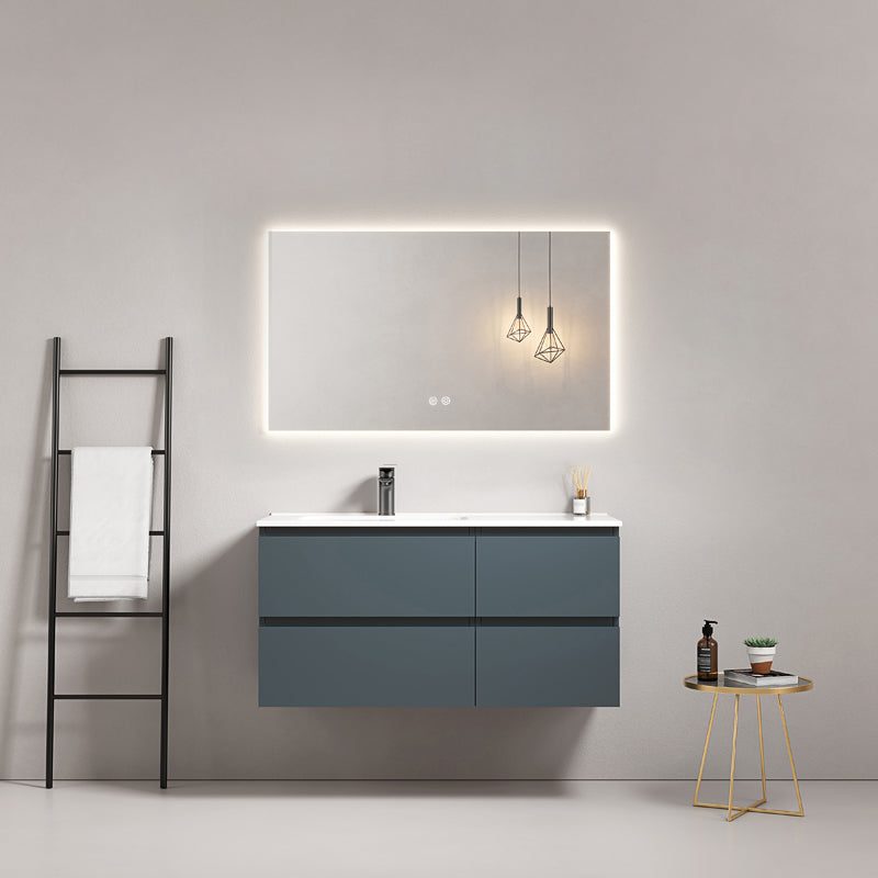 Mobile bagno sospeso 100 cm Blu Mare Lavabo a Sinistra in Ceramica Specchio Quadro Retroilluminato - Fiji Paint