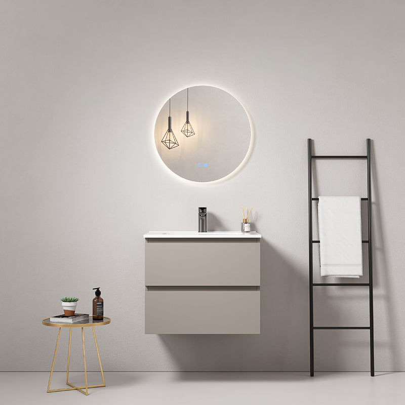 Mobile bagno sospeso 60 cm Grigio Cenere Lavabo in Ceramica Specchio Tondo Retroilluminato - Fiji Paint