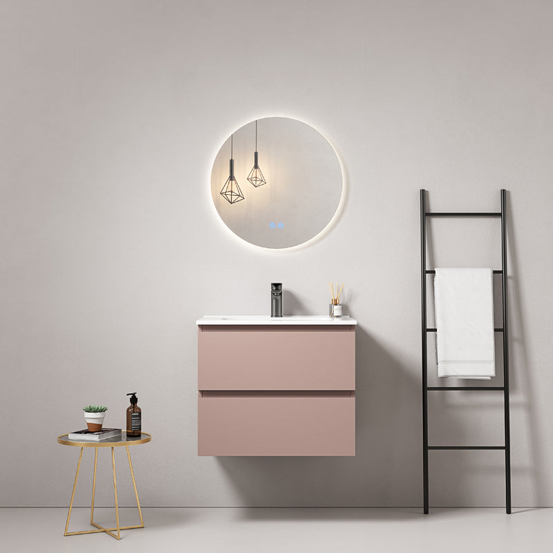 Mobile bagno sospeso 60 cm Rosa Retro Lavabo in Ceramica Specchio Tondo Retroilluminato - Fiji Paint
