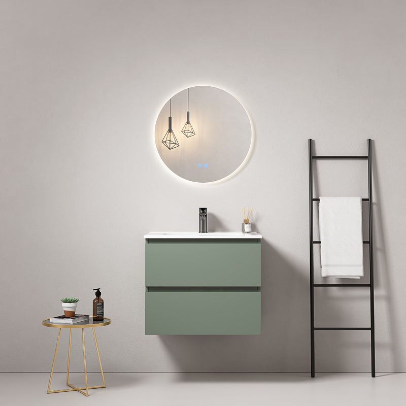 Mobile bagno sospeso 60 cm Verde Salvia Lavabo in Ceramica Specchio Tondo Retroilluminato - Fiji Paint