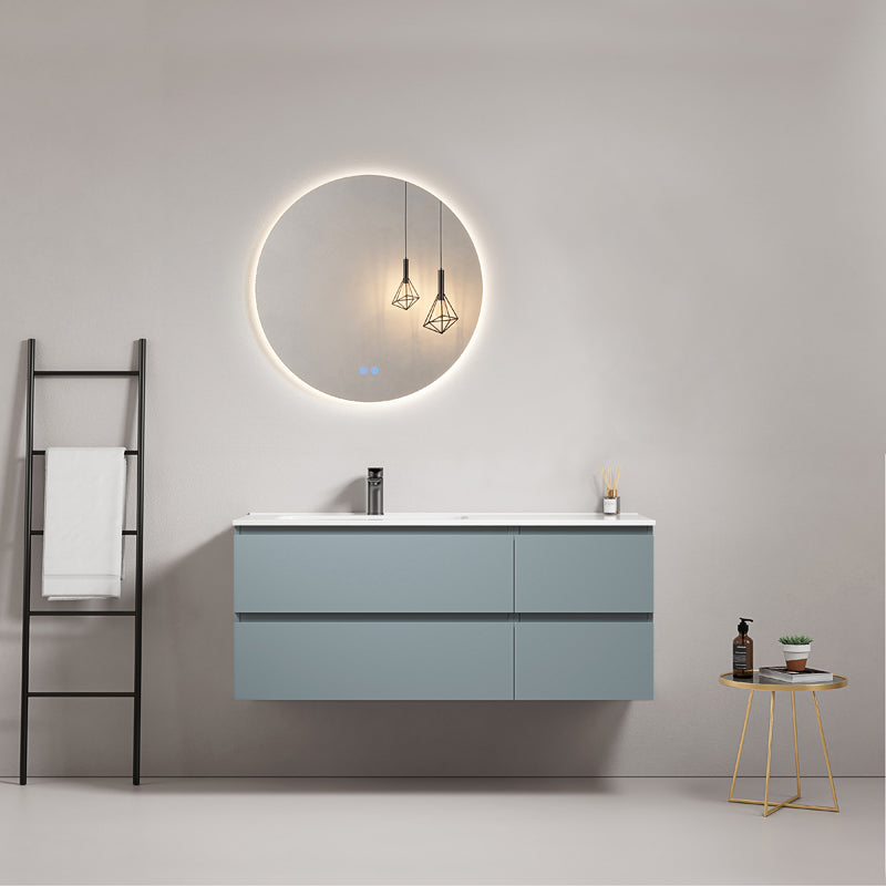 Mobile bagno sospeso 120 cm Blu Avio Lavabo a Sinistra in Ceramica Specchio Tondo Retroilluminato - Fiji Paint