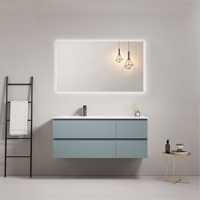 Mobile bagno sospeso 120 cm Blu Avio Lavabo a Sinistra in Ceramica Specchio Quadro Retroilluminato - Fiji Paint