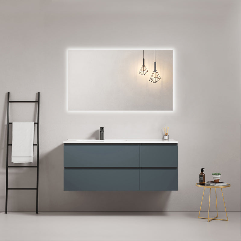 Mobile bagno sospeso 120 cm Blu Mare Lavabo a Sinistra in Ceramica Specchio Quadro Retroilluminato - Fiji Paint