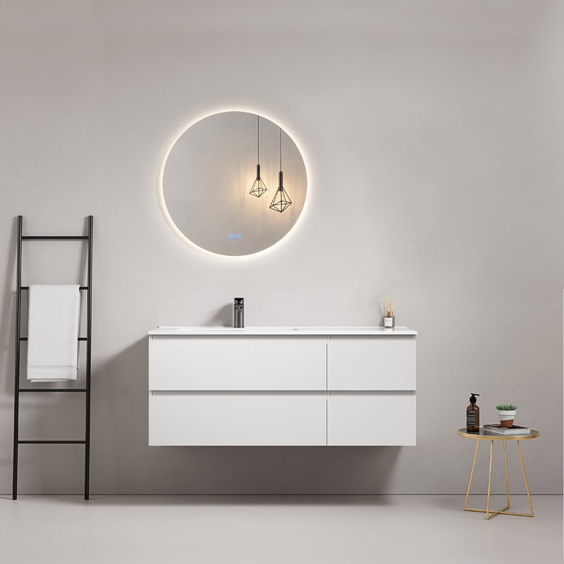 Mobile bagno sospeso 120 cm Bianco Lavabo a Sinistra in Ceramica Specchio Tondo Retroilluminato - Fiji Paint