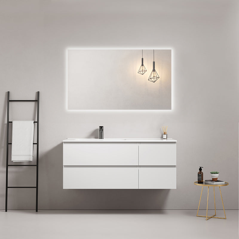 Mobile bagno sospeso 120 cm Bianco Lavabo a Sinistra in Ceramica Specchio Quadro Retroilluminato - Fiji Paint