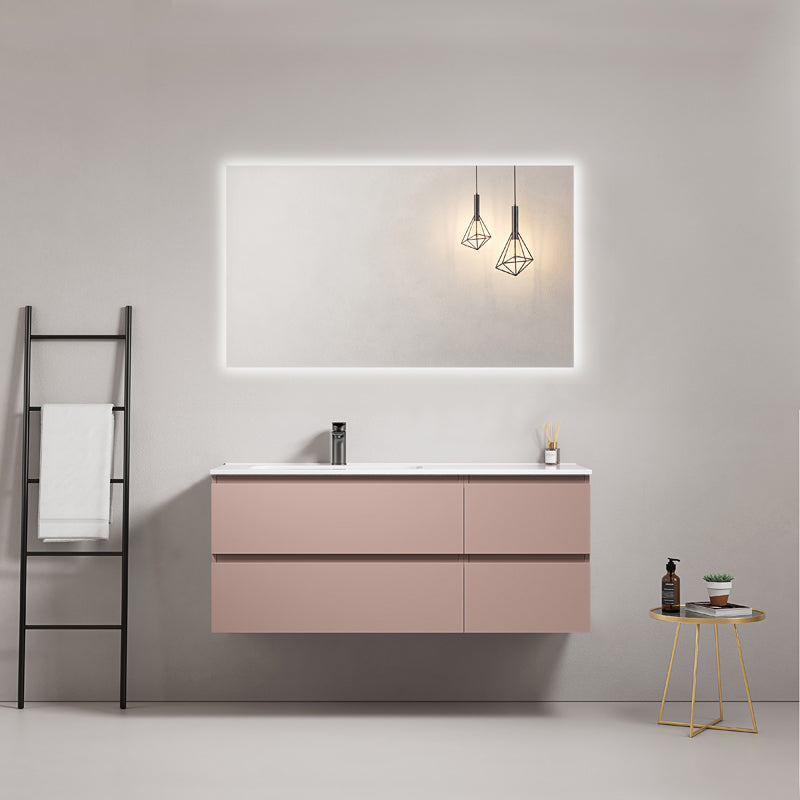 Mobile bagno sospeso 120 cm Rosa Retro Lavabo a Sinistra in Ceramica Specchio Quadro Retroilluminato - Fiji Paint