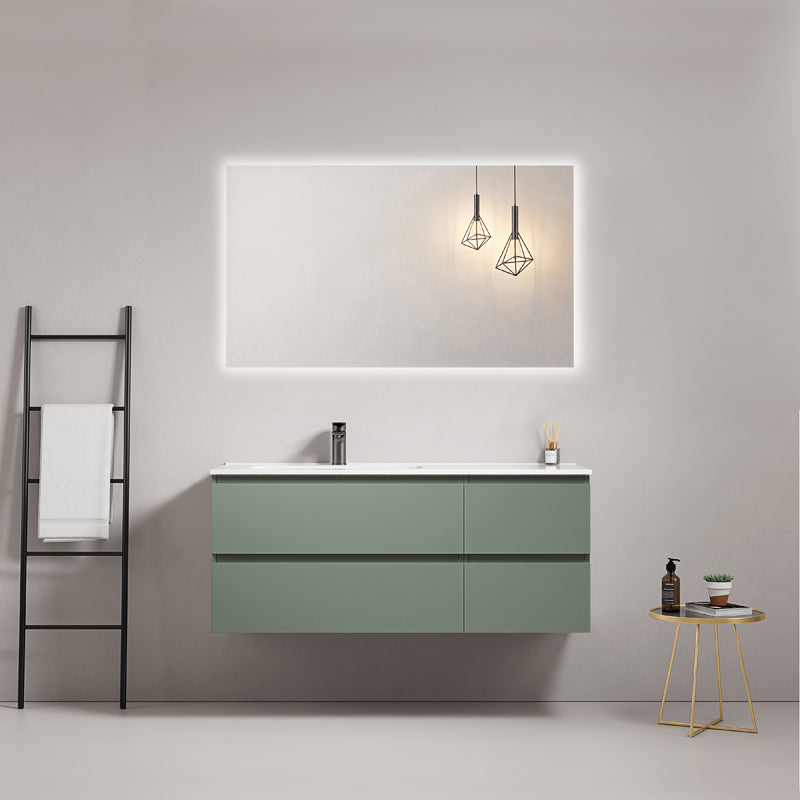 Mobile bagno sospeso 120 cm Verde Salvia Lavabo a Sinistra in Ceramica Specchio Quadro Retroilluminato - Fiji Paint